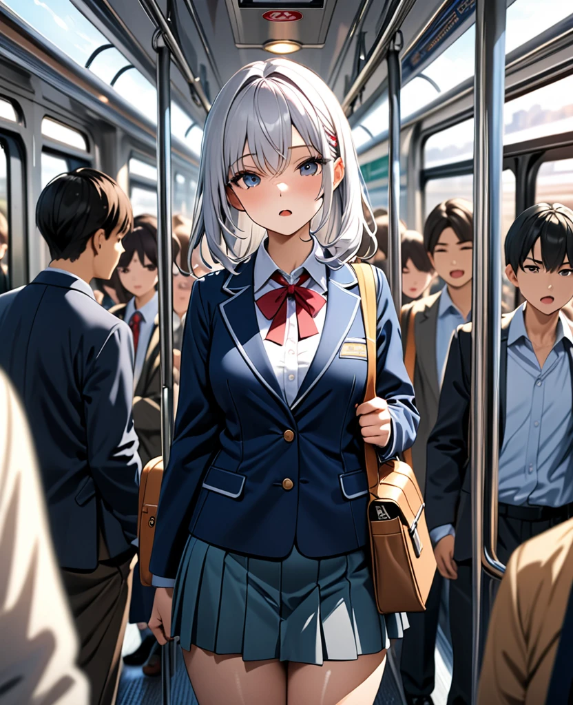 (highest quality、Masterpiece、Very detailed、4K)、One Woman、Primary school students、take a train、crowded train、(Fully booked)