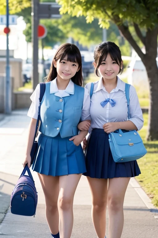 Two 10-year-old Japanese elementary school girls, 125
 cm tall and large-breasted, (Large Breasts), are walking to school wearing Baby blue micro  mini skirt, Baby blue camisole and carrying school bags,