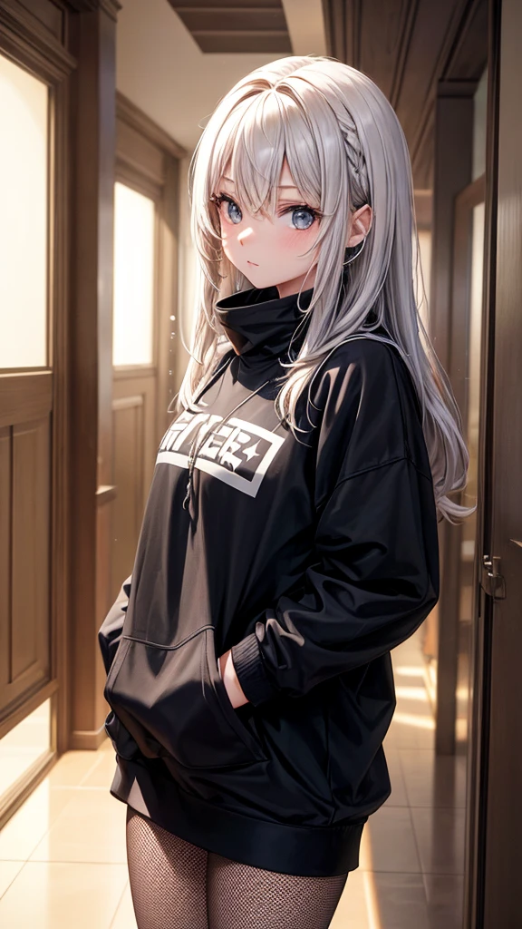 The image is an illustration of a character with an anime style design. The character is standing in an indoor environment, probably a hallway or a room, con una puerta cerrada visible en el fondo. Tiene el pelo oscuro flequillo recto que le cubre los ojos, and is wearing a dark sweatshirt with some type of design on the chest that is not completely visible. The sweatshirt is oversized, llegando hasta sus muslos superiores. She also wears fishnet stockings, y su postura sugiere una actitud casual o indiferente. The character&#39;s expression is not visible because his hair covers his eyes, which adds a sense of mystery or detachment to their behavior. The overall tone of the image is static and contains no action, focusing on the character&#39;s appearance and style.