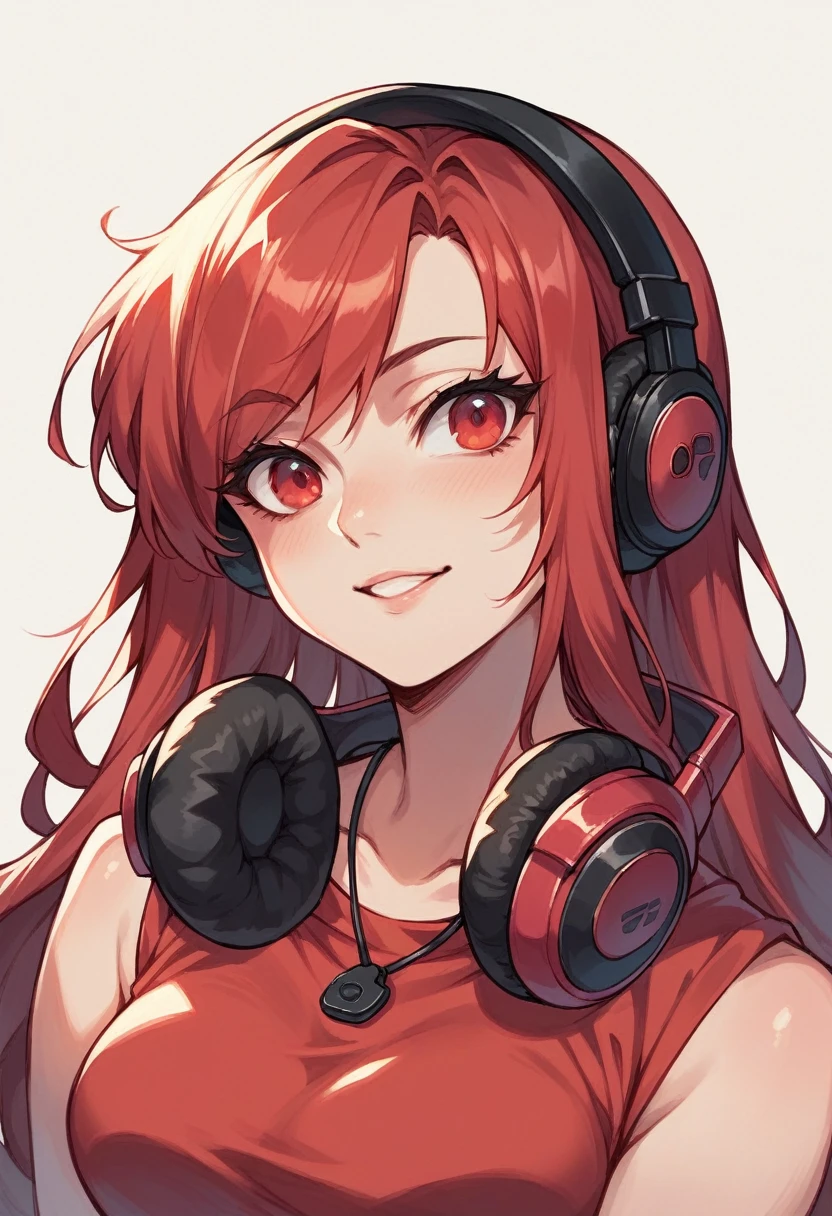 Portrait of A gamer girl wearing headphones and playing video games in mobile, wearing red dress, red eyes, black long hair