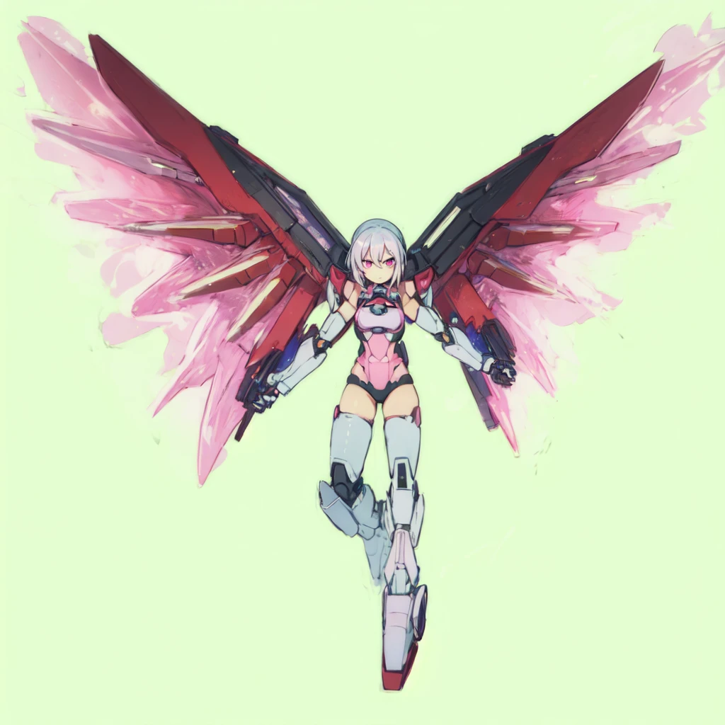 1girl, mecha musume, mechanical wing, pink wing, glowing wing, white hair, pink eyes, serious face, light armor, pink armor,
