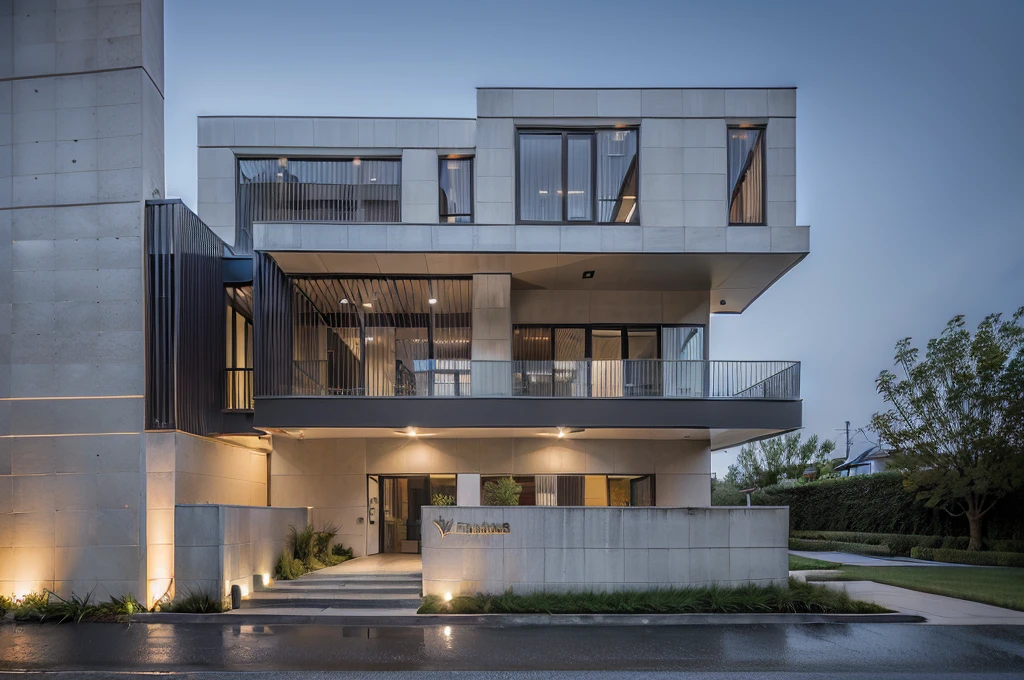 RAW photo, a photo of a modern villa with a car parked in front of it, ((1/2 dark grey wood facade)), architectural shot, gate, road, viet nam modern residence, rough white wall, new residential area, wide angle exterior 2022, contemporary house, exterior photography, masterpiece, contemporary architecture, overcast, indirect lighting
