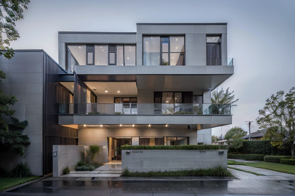 RAW photo, a photo of a modern villa with a car parked in front of it, ((1/2 dark grey wood facade)), architectural shot, gate, road, viet nam modern residence, rough white wall, new residential area, wide angle exterior 2022, contemporary house, exterior photography, masterpiece, contemporary architecture, overcast, indirect lighting