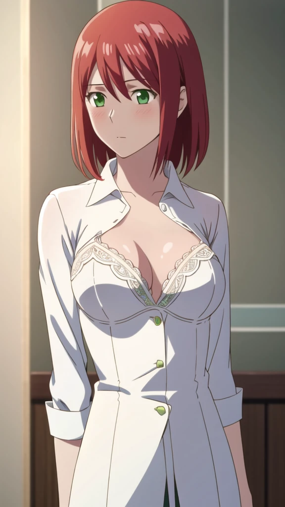 masterpiece, highest quality,8k, sketch, One girl, alone, View Viewer, Upper Body, Depth of written boundary, Clear lines, Realistic, , Redhead, Detailed green eyes,open white shirt ,white lace bra,,Slender body,blush,Shortcuts,