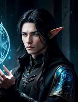 A male elf from Arafed with long black hair and a blue cloak., Portrait of Finn Wildcloak, The intricate runes inscribed on the magic ring shimmer and glow like ghosts., This breathtaking portrait, See every intricate detail in stunning clarity. The magician's robes shine with iridescent threads., A captivating glow radiates from the canvas.. a portrait of Male Elf, Portrait of a slender elven man, Beautiful male elf, Male Elf, Male Half-Elf, Character art by Charlie Bowter, Elf Men, Young half-elven wizard, Inspired by Chris from Deltarune