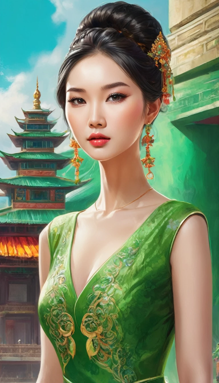 a woman in a green dress standing in front of a building, trending on cg society, fantasy art, detailed face of a asian girl, traditional female hairstyles, portrait painting of a princess, kazakh empress, vivid colours