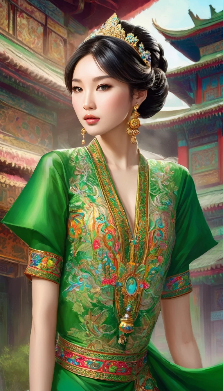 a woman in a green dress standing in front of a building, trending on cg society, fantasy art, detailed face of a asian girl, traditional female hairstyles, portrait painting of a princess, kazakh empress, vivid colours
