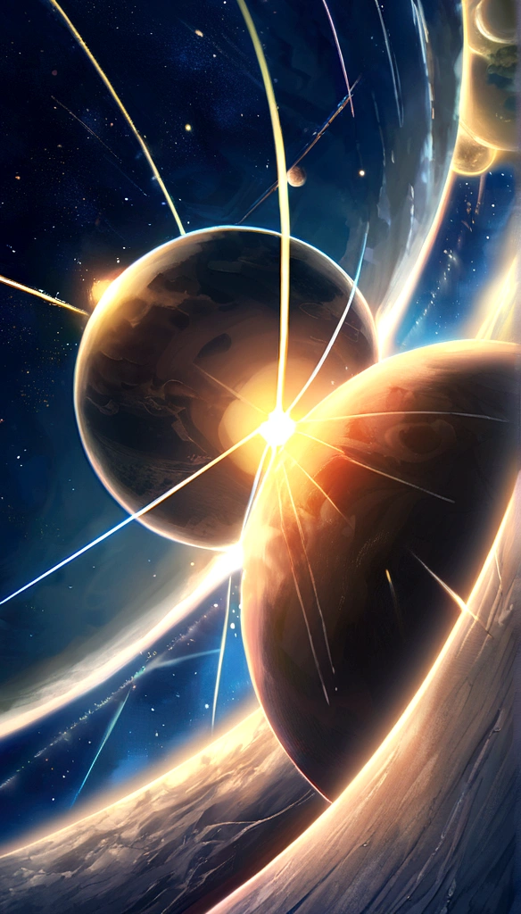 planetのファントム, 空に輪を持つplanet、gold、Sparkling、sun、universe、planet