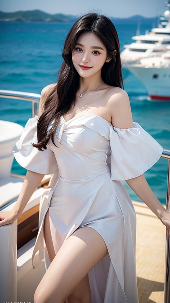 A sweet girl by the yatch，voluminous hair，Delicate face，Photorealsitic，of a real，largeaperture，wears a purple and white dress，A cropped dress，Off-the-shoulder，A dress around the neck，Slim，smiles，Ultra-high resolution, Blurred background