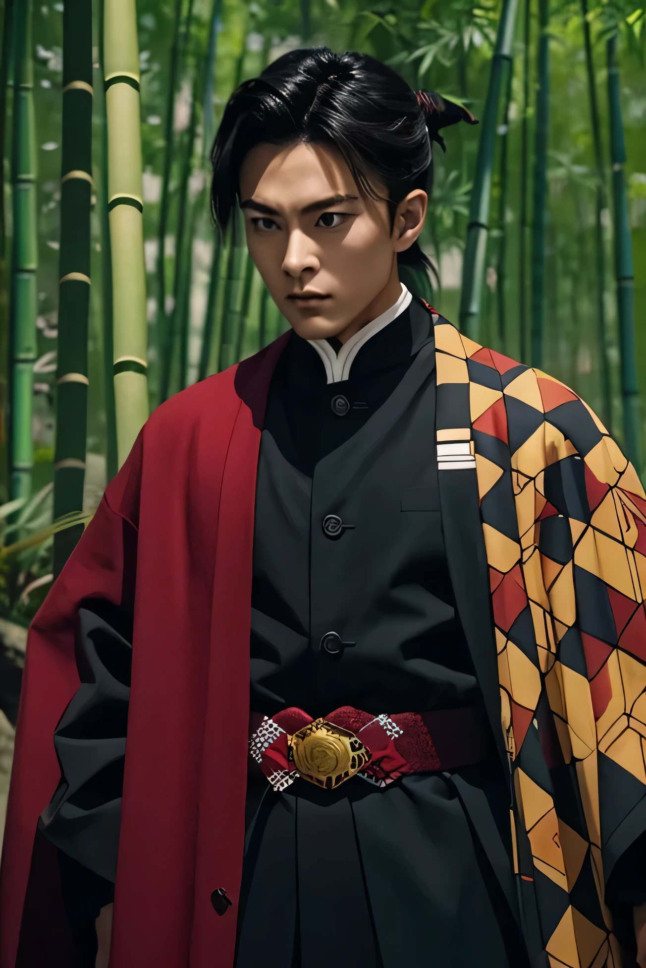 Handsome、Sharp Eyes、He is wearing a half red, half checkered haori coat.、Sword-wielding realistic、Live-action adaptation、Hair tied back、The background is a bamboo forest、Asian