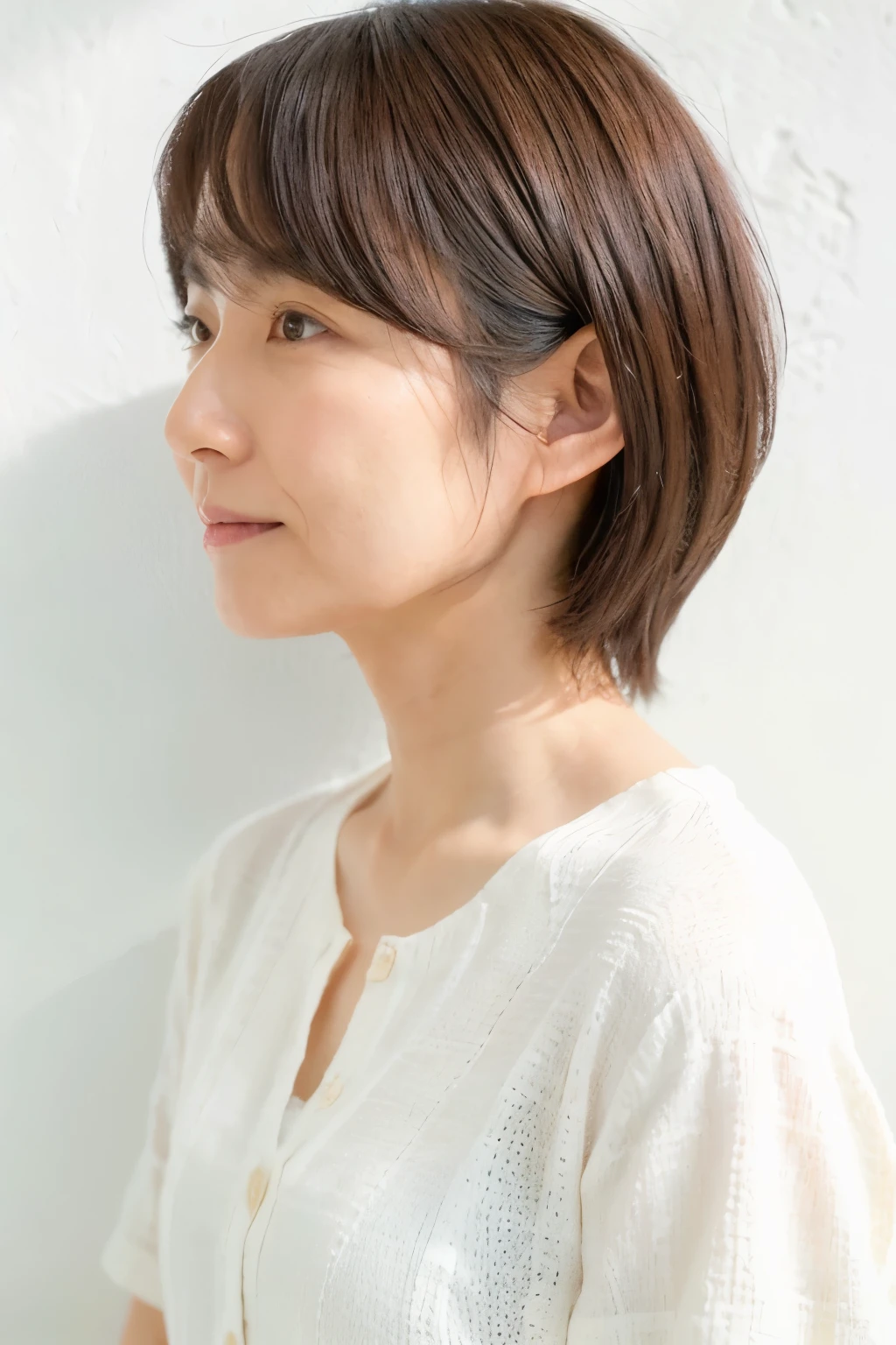 A thin Japanese woman in her 40s, Good wife, Cute Face, Detailed face, fine grain, Neat, Short sleeve white shirt, early summer, Fine weather, sunny, Photographed in front of a white wall, Portraiture、Photographed in natural light、Tabletop、cardigan、profile、Fluffy hair