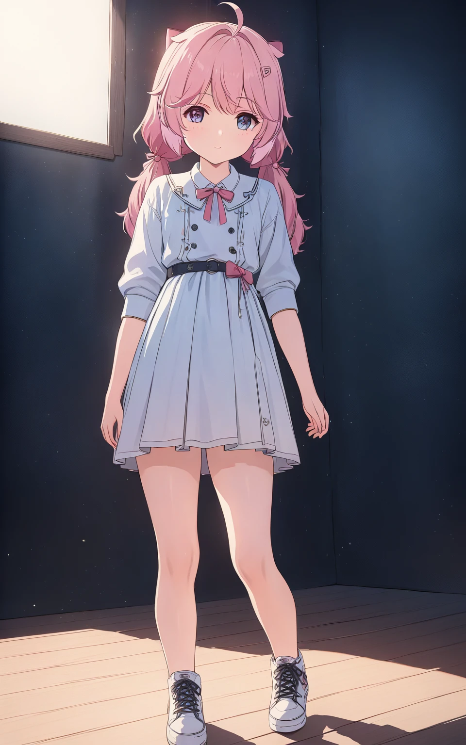 small girl, full length, correct anatomy, beautiful body,  cute, pink hair, many details, super detailed, atmospheric lighting, high quality, HD, realism