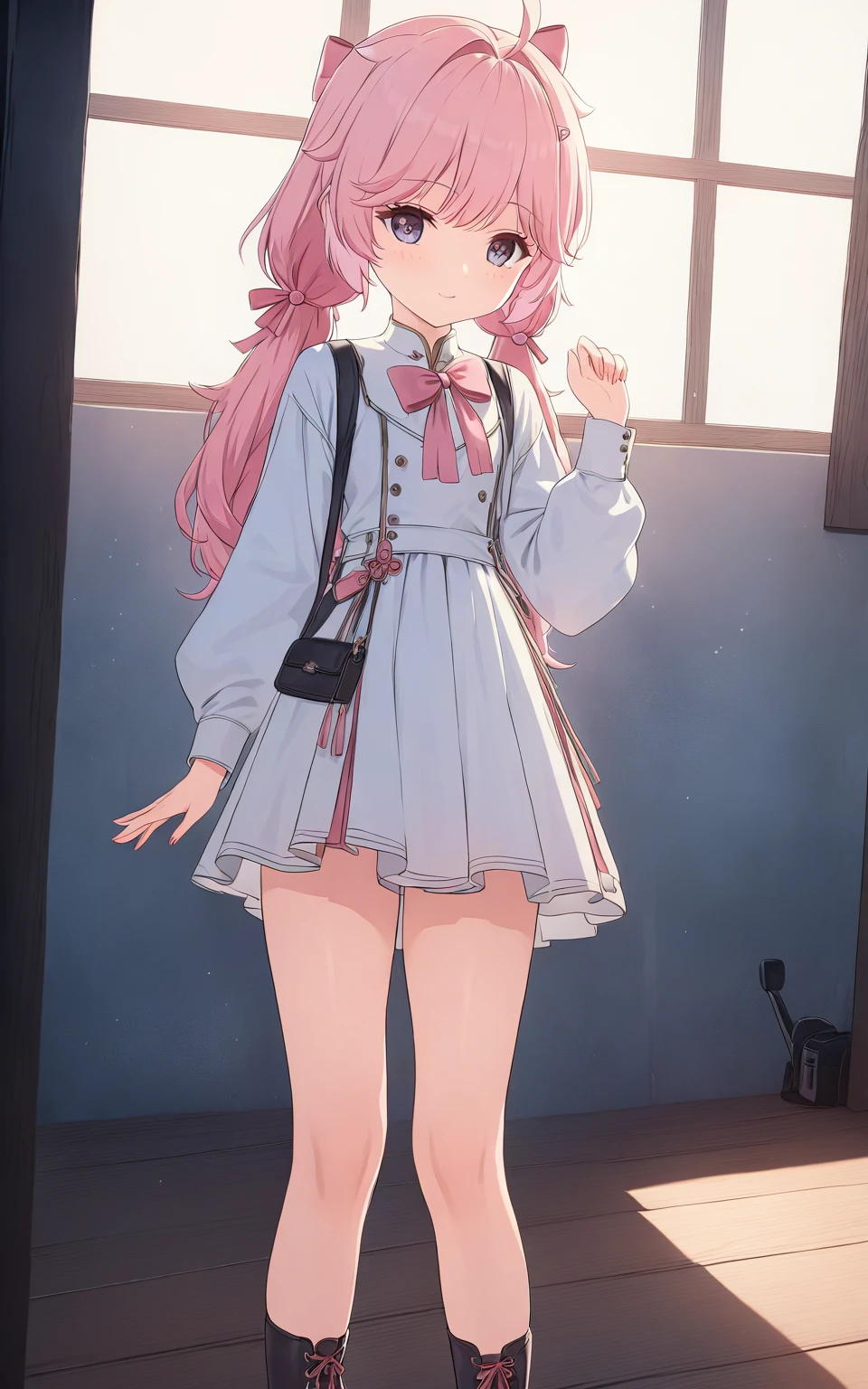 small girl, full length, correct anatomy, beautiful body,  cute, pink hair, many details, super detailed, atmospheric lighting, high quality, HD, realism