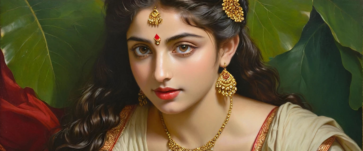 Beautiful Indian Woman, wearing saree, sari Beauty, gorgeous, Apsara, Maharani, royal queen woman, nymph from Hindu Mythology, Urvashi, matchless beauty, Highly detailed, Oil Painting by Peter Paul Rubens inspired by Raja Ravi Varma, Matchless beauty, captivating, gorgeous, heavenly beauty, celestial beauty, by Peter Paul Rubens, 13, realistic, hyper realistic, micro details, incredible artwork, insane details, ultra High resolution, 8k, 32k, acrylic on canvas, intricate, flawless, detailed, detailed face, detailed eyes, masterpiece, by Peter Paul Rubens, by Caravaggio, by William Adolphe bouguereau, perfect face, perfect body, beautiful art, realism, baroque, renaissance Art, highly textured, beautiful and detailed eyes, uhd, best quality,
