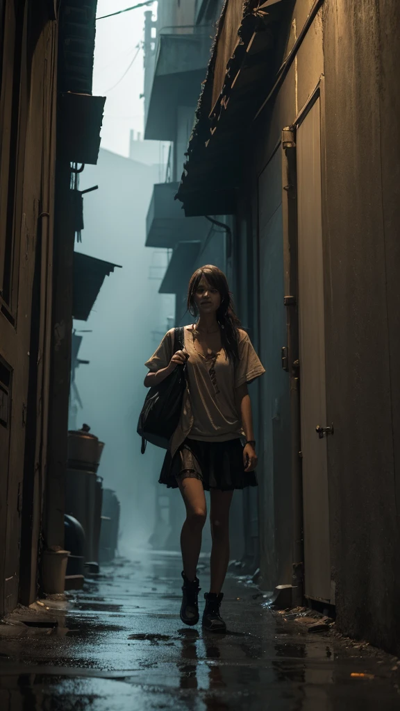 A girl walking in an alley. Garbage barrels. rain. Zombie standing, fine fog