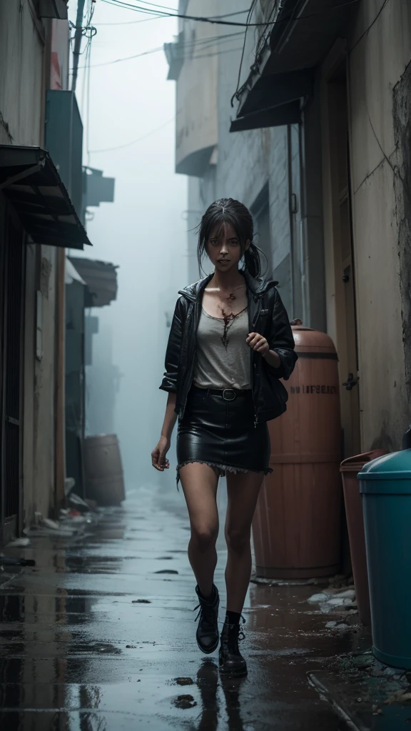 A girl walking in an alley. Garbage barrels. rain. Zombie standing, fine fog