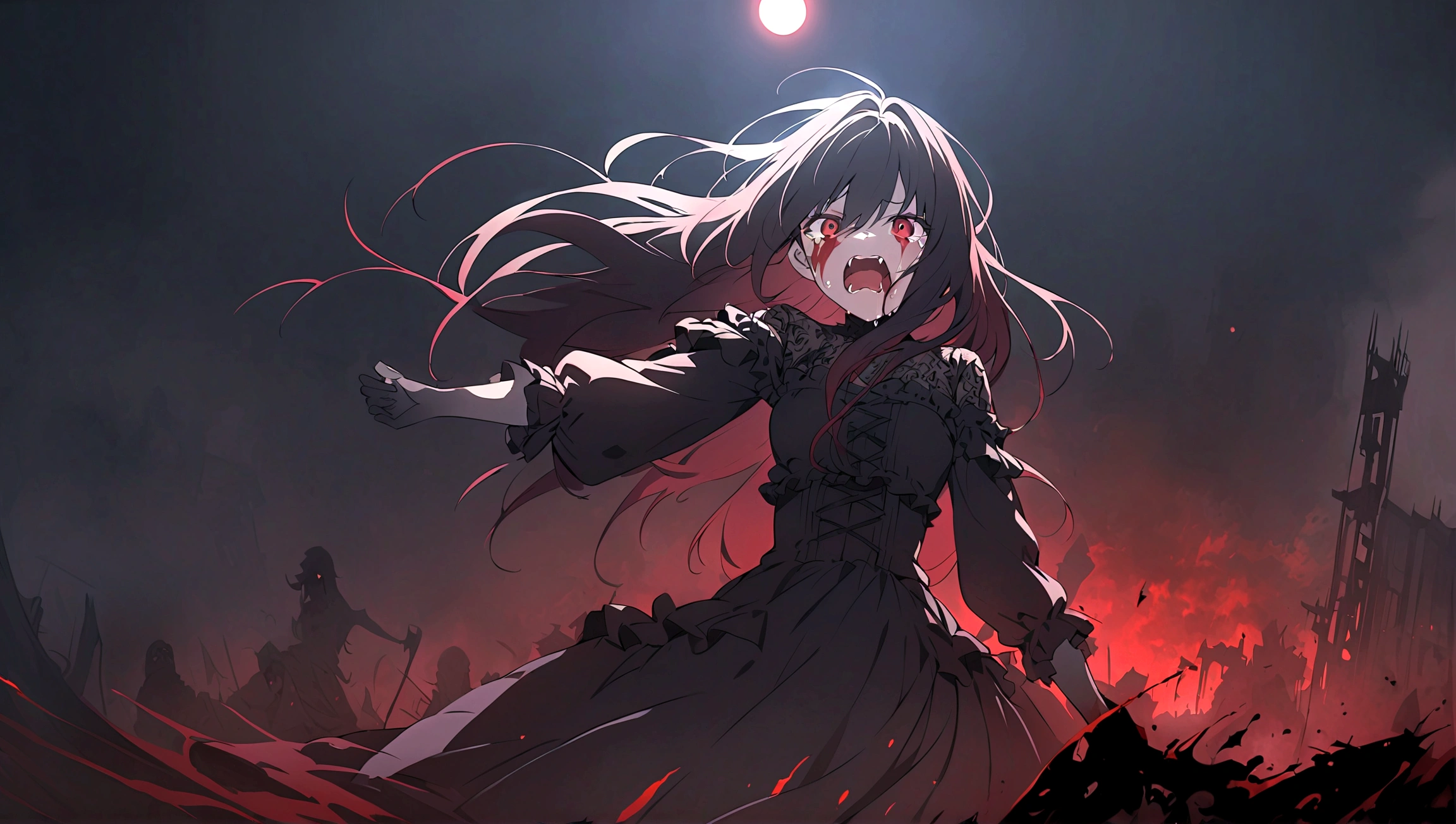 (The whole body is a shadow),(black skin)1girl,screaming expression,long hairstyles,red eyes,gothic ta,wild hair,darkness falls,revenge,hell,hatred,((tears of blood:1.2)),Dark world,despair