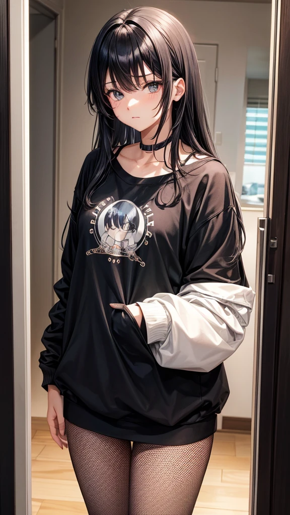 The image you have provided is an illustration of an anime style character. The character is represented with black hair and bangs that cover his eyes.. She is wearing a black sweatshirt with a subtle design on the front and fishnet stockings.. The character is standing in an interior space, aparentemente un pasillo, con una puerta cerrada visible en el fondo. The character's pose and outfit give a casual and somewhat seductive feel. The image appears to be drawn in a typical anime or manga style with an emphasis on clean lines and detailed shading.