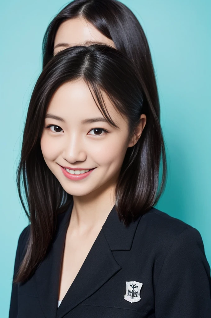 ((Photo for ID,whole body))、(Uniform jacket、Detailed bra、Black Hair、True Face)、Cute Japanese Woman、18-year-old、Young girl、Light Blue Background、Turn your body forward、smile、blank space above head
