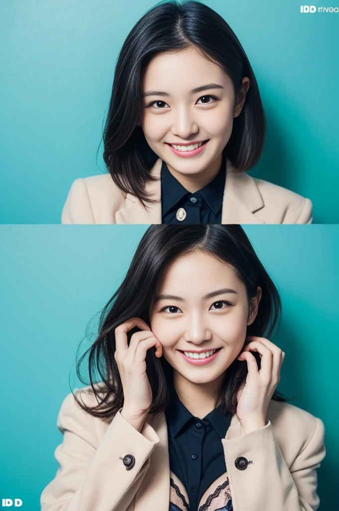 ((Photo for ID,whole body))、(Uniform jacket、Detailed bra、Black Hair、True Face)、Cute Japanese Woman、18-year-old、Young girl、Light Blue Background、Turn your body forward、smile、blank space above head