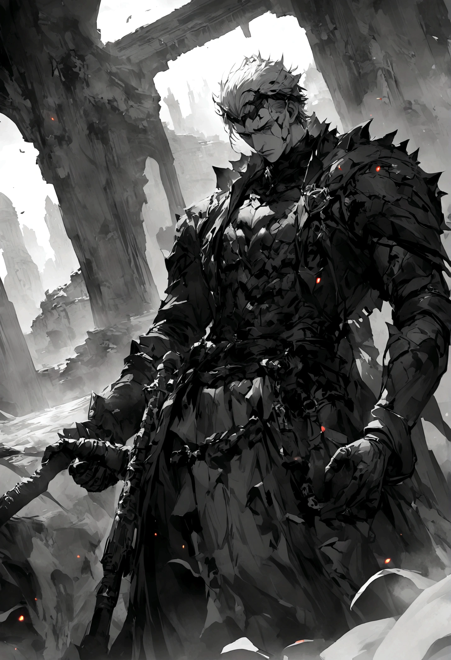 Black and white style,Bloody heart,despair, rider,1boy