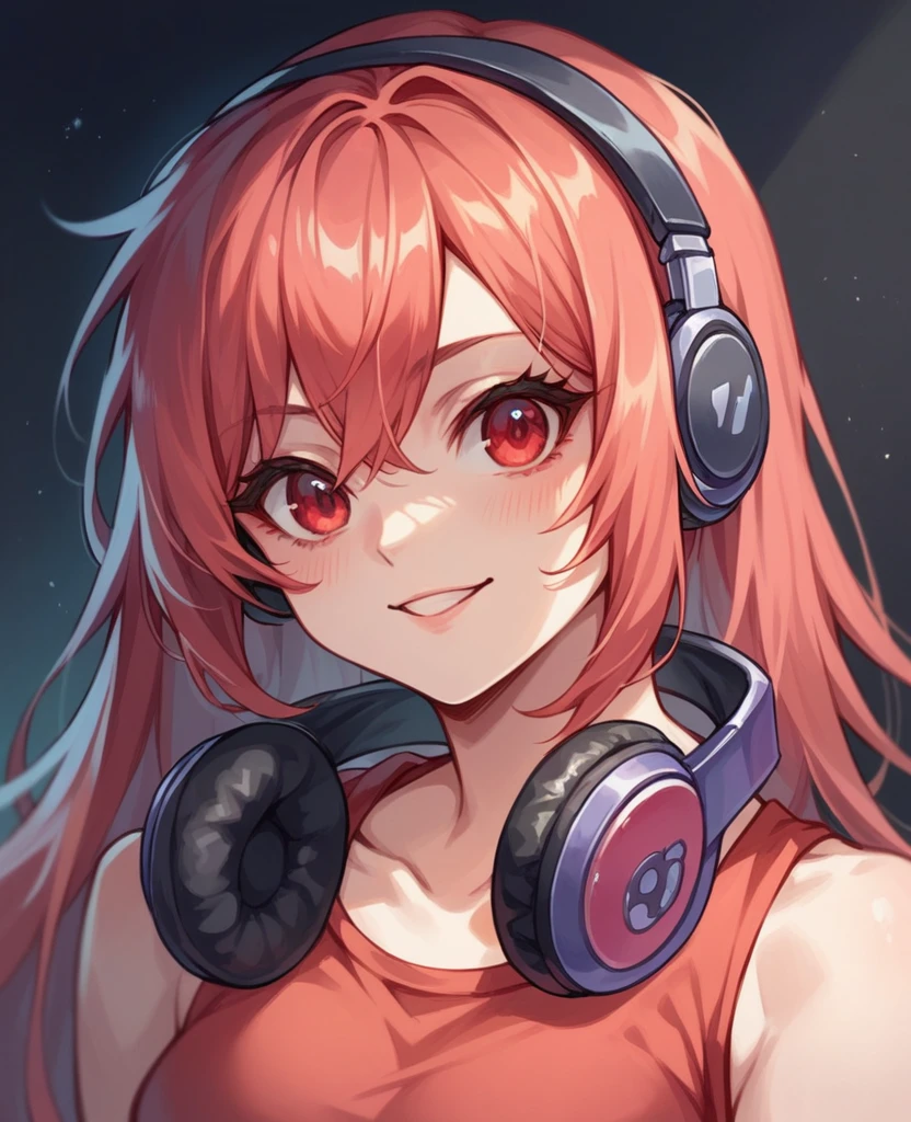 Portrait of A gamer girl wearing headphones and playing video games in mobile, wearing red dress, red eyes, black long hair