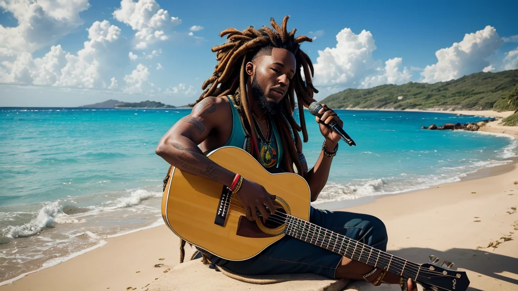 A jamaican reggae dJ with dreads sitting on the shore playing guitar jamaican reggae dJ with dreads playing an acoustic guitar in front of the ocean the rap album cover is a picture of the guy with dreadlocks playing the guitar