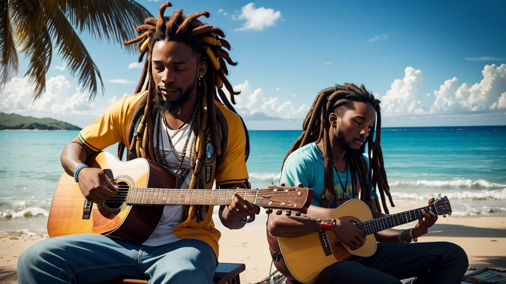 A jamaican reggae dJ with dreads sitting on the shore playing guitar jamaican reggae dJ with dreads playing an acoustic guitar in front of the ocean the rap album cover is a picture of the guy with dreadlocks playing the guitar