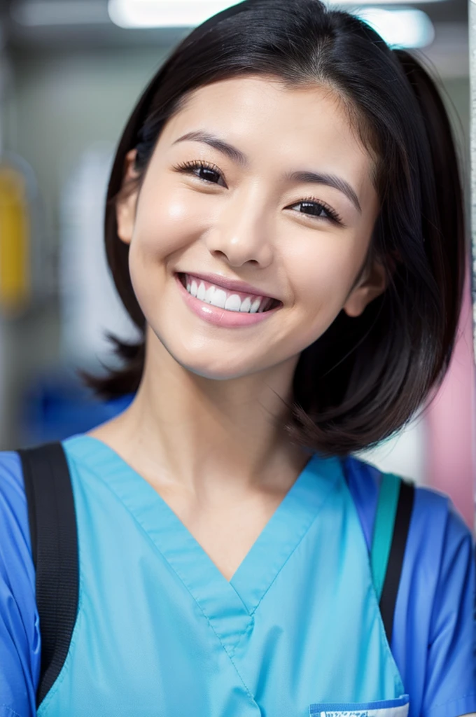 Dental hygienist woman２People only, smiling, wearing medical scrubs, short sleeves, cute, Japanese, black hair, 20s　Upper body close-up　high resolution　highest quality