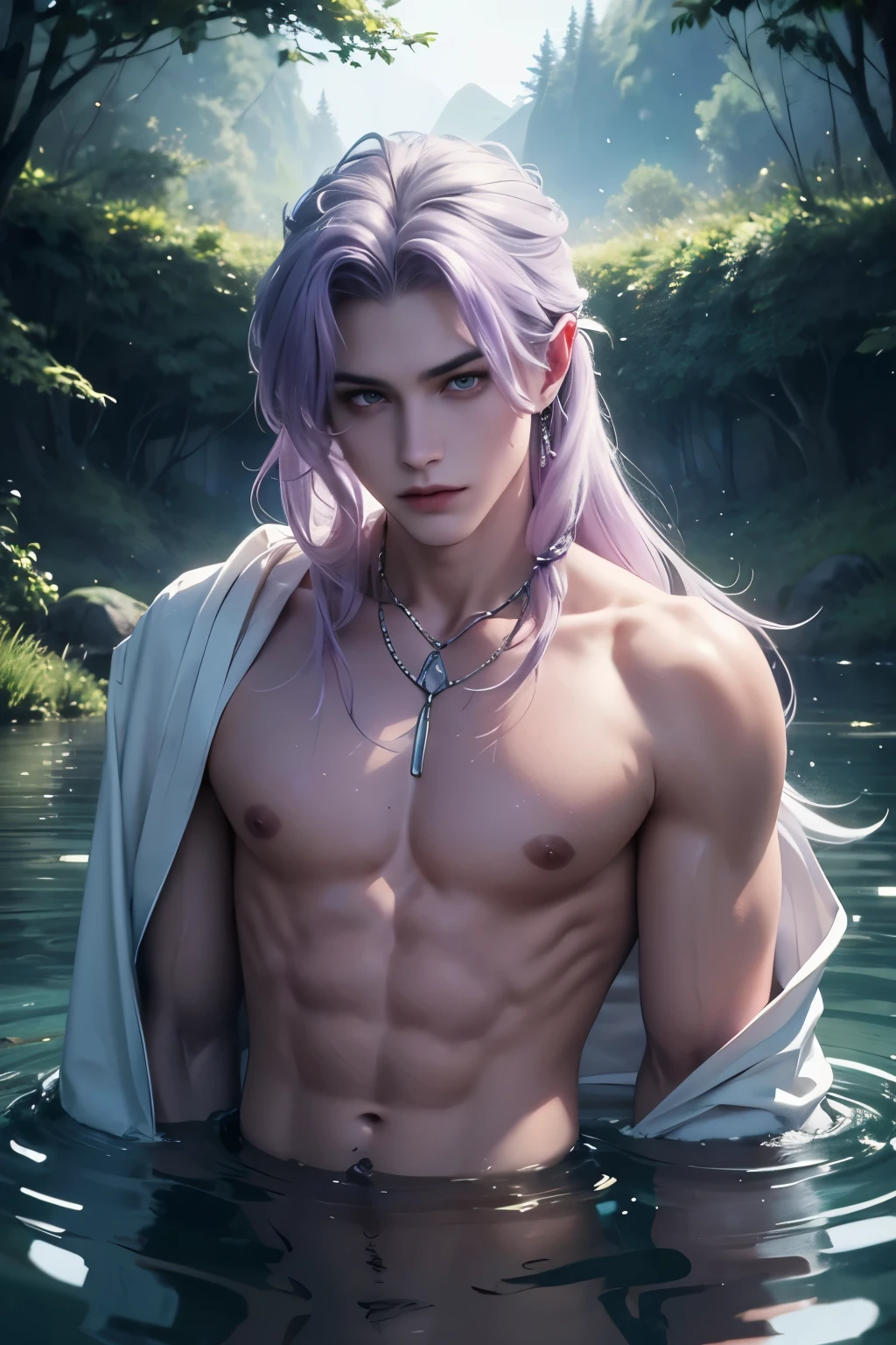 ((Best quality)), ((masterpiece)), 8k (detailed), ((perfect face)), ((halfbody)) perfect proporcions, He is a handsome vampire, he has long lilac hair, he has pointed ears, white skin, he wears jewelry on his neck, he has bare chest and arms, he has silver scales on his shoulders, he is in a lake, there is a forest with a lake at night ((perfect face)) halfbody ((fantasy ambience)) lilac hair