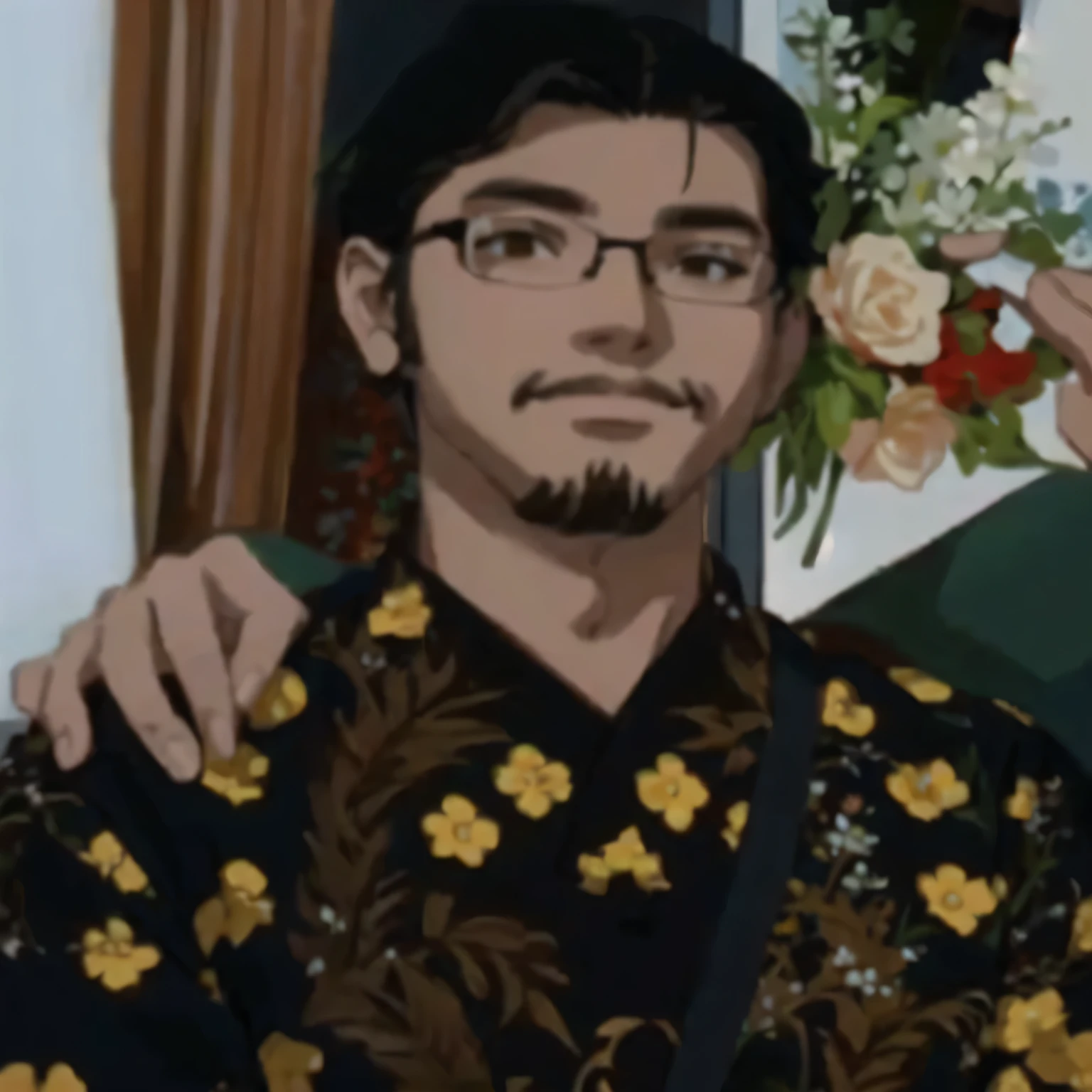  flowers in the background, glasses, black hair, ghibli style