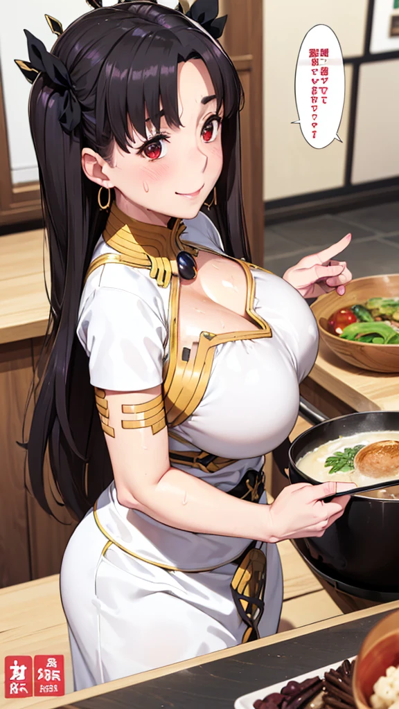 (Mature Woman:1.5), (mother:1.5), Ishtar, Fate Grand Order, (Absurd, 8k, 4K, Tabletop, Extremely detailed:1.2), highest quality, Perfect Anatomy,Perfect Face, High humidity, (alone:1.2), (Sweaty:1.3), shortness of breath, High humidity, humid, (Black Hair:1.1), Red eyes, Looking into the camera, (Very large breasts:1.5), Light clothing, apron, (kitchen;1.1), (Having a conversation:1.5), (Speech bubble:1.2), A kind smile, relief, peace of mind, mother性, Cooking, have a ladle, pot, pot-au-feu