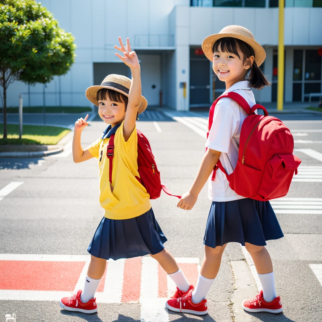 One girl, Primary school students, Yellow hat and red backpack, Raise your right hand and walk across the crosswalk,  (Masterpiece), (Realistic), (Ultra fine), (beautiful),  White background,  RAW Photo, White Wall, Big eyes, Smile, 