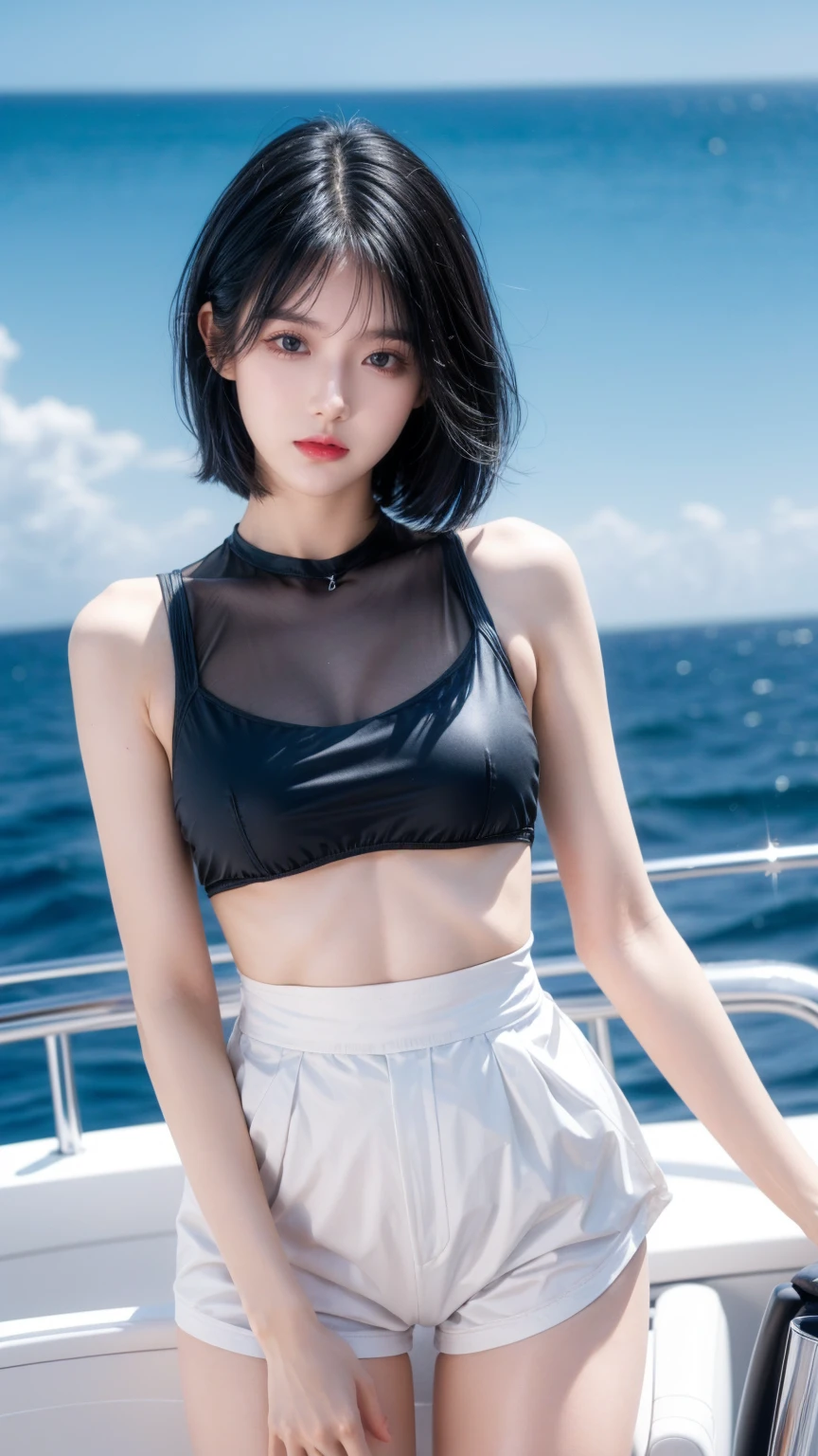 best quality, 1 Girl, dark blue hair, black eyes, Very short hair, Spiky hair, Shirt white, High waist short white, 171 cm, Messy hair, Hair between the eyes, Medium breasts, full, Tomboy, aldult, 20 years old, 1 Girl with yatch luxury at the sea