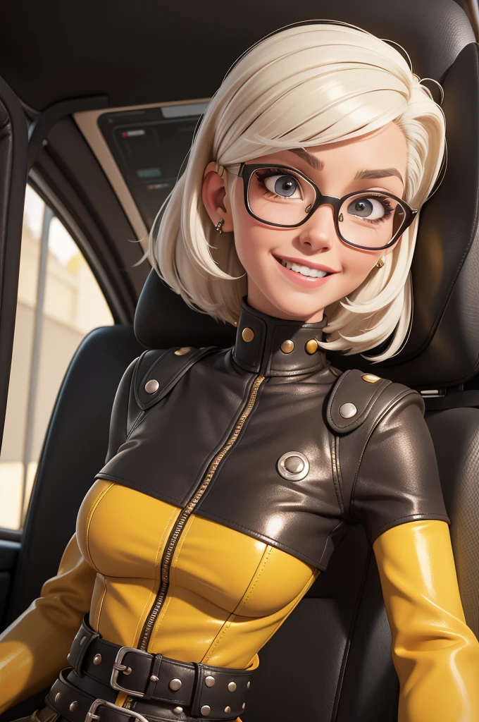 obra prima, melhor qualidade, (lauren boebert 70yo) head back, big side smile, open mouth, short bleach white punk hair, black plastic glasses, pilot outfit, leather turtleneck blouse, (shiny mustard yellow leather,) studs zippers snaps, shiny leather gloves, body is skinny, reclining in car seat, arched back, hips twisted, overhead camera view, looking down at me, shallow depth of field, highres, HD, 8k, anatomically correct