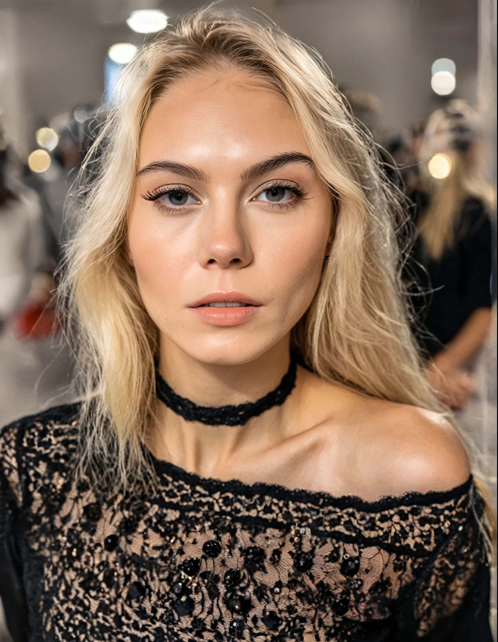 professional medium format 50mm. (Close-up passport portrait) An astoundingly gorgeous photo in Istanbul ((blonde woman), taken with Canon EOS R, Extreme bokeh, in her modest black Dior blouse,