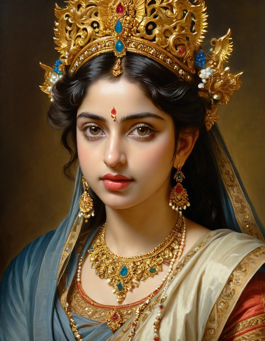 Best quality, highly detailed, masterpiece, Indian nude princess, Rajkanya, royal clothes, Masterpiece, extremely gorgeous woman, matchless Beauty, portrait, Peter Paul Rubens style, women, middle ages, classicism, andrey atroshenko style, painting, long hair, styled hair, very big naked puffy breast with pink nipple , traditional media, realistic, figurative, fine art, detailed Art, oil on canvas, HDR, 8K, original character, high resolution, high detail, focus on the face, intricate, flawless, fluffy hair, Peter Paul Rubens style, By Peter Paul Rubens, sharp picture, avoid crown or mukut in picture,