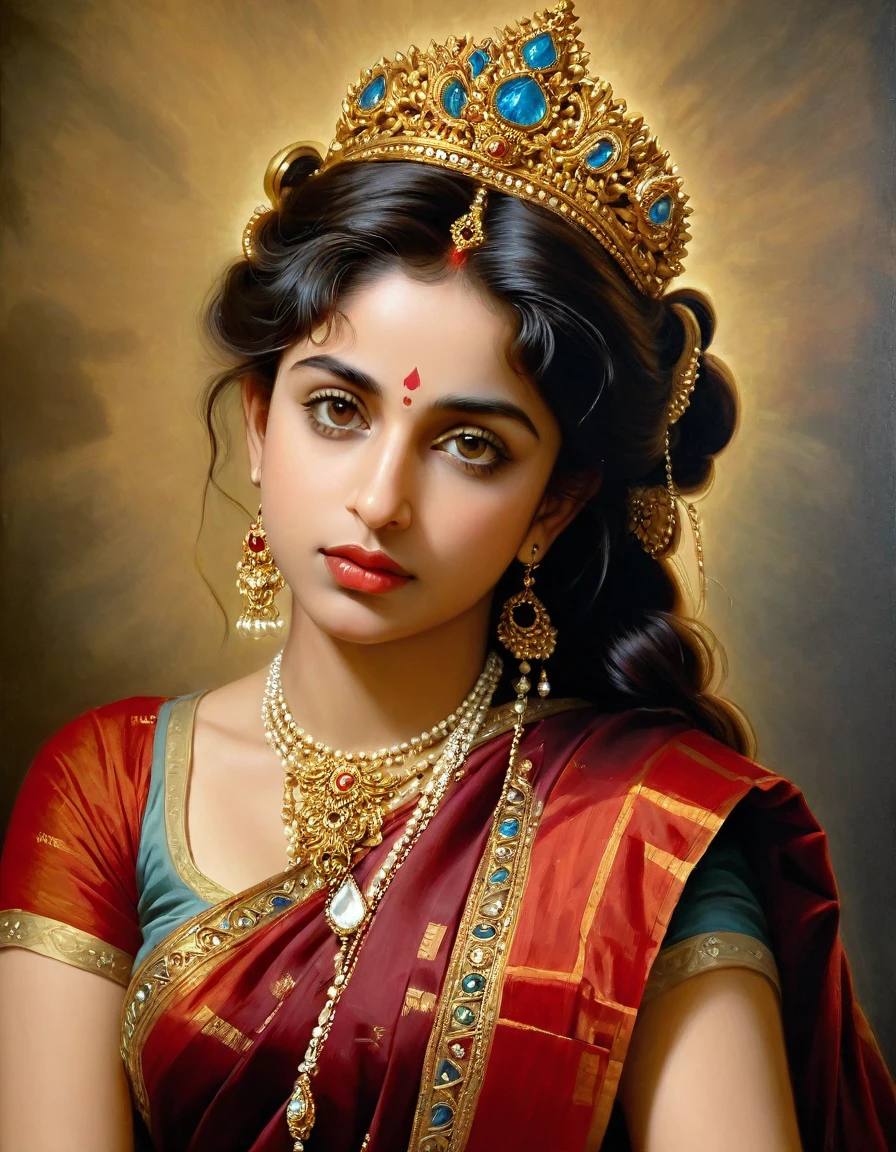 Beautiful Indian Woman, wearing saree, sari Beauty, gorgeous, Apsara, Maharani, royal queen woman, nymph from Hindu Mythology, Urvashi, matchless beauty, Highly detailed, Oil Painting by Peter Paul Rubens inspired by Raja Ravi Varma, Matchless beauty, captivating, gorgeous, heavenly beauty, celestial beauty, by Peter Paul Rubens, 13, realistic, hyper realistic, micro details, incredible artwork, insane details, ultra High resolution, 8k, 32k, acrylic on canvas, intricate, flawless, detailed, detailed face, detailed eyes, masterpiece, by Peter Paul Rubens, by Caravaggio, by William Adolphe bouguereau, perfect face, perfect body, beautiful art, realism, baroque, renaissance Art, highly textured, beautiful and detailed eyes, uhd, best quality,
