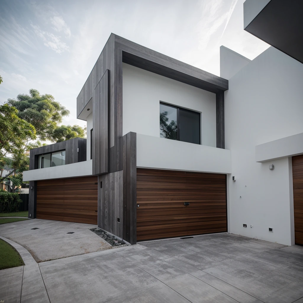 RAW photo, a photo of a modern villa with a car parked in front of it, ((1/2 dark grey wood facade)), architectural shot, gate, road, viet nam modern residence, rough white wall, new residential area, wide angle exterior 2022, contemporary house, exterior photography, masterpiece, contemporary architecture, sunshine, indirect lighting