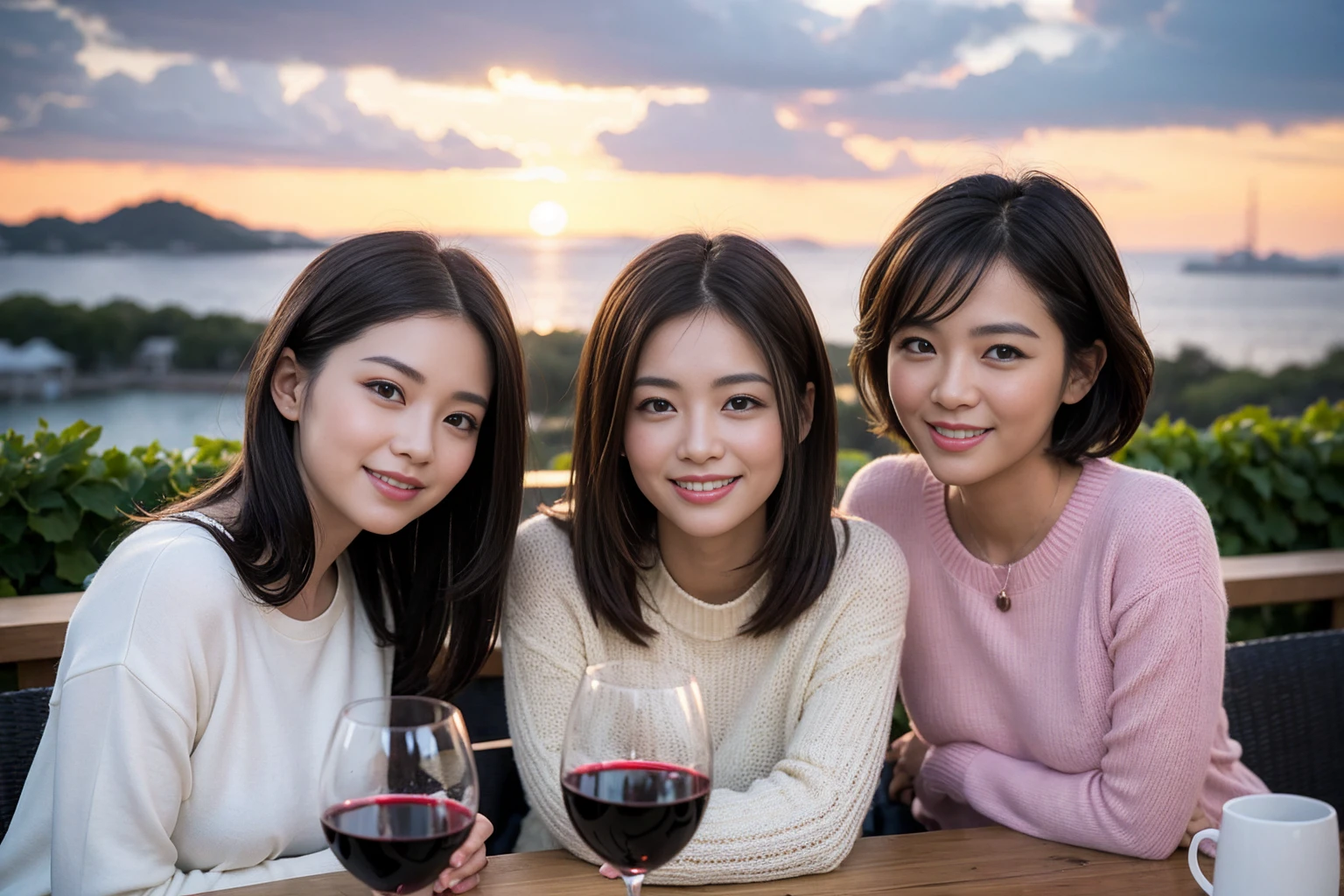((highest quality、8k、masterpiece:1.3))、 (Real, Genuine、Face carefully、Bright image、Intricate details:1.2), 最高のsmile、1 male, 1 female、Beautiful couple、Lovers、Japanese couple、A gentle lover、actress、model、smile、full-course dinner、Pink long sweater: 1.1, Super Fine Face, Delicate eyes, double eyelid, smile, (Slim face), (the body is slim), (Brown Hair), (short hair), テーブルの上のwine glass、Please put light on my face、 Amazing view of the sunset sky and clouds、 (36 years old), 39 years old, red wine 、Wine bottle、sparkling wine、Long sleeve shirt、dress、White wine, red wine, wine glass,