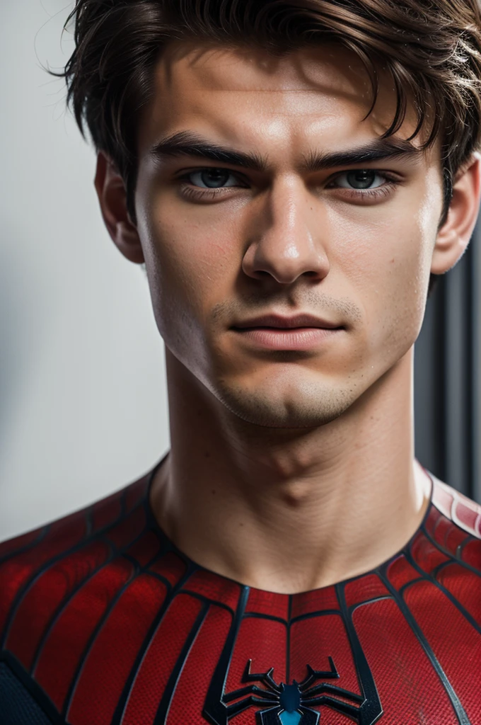 A photograph of spider man, no mask, 20 yo, handsome, detailed face, looking at camera, portrait, 8k uhd, high quality