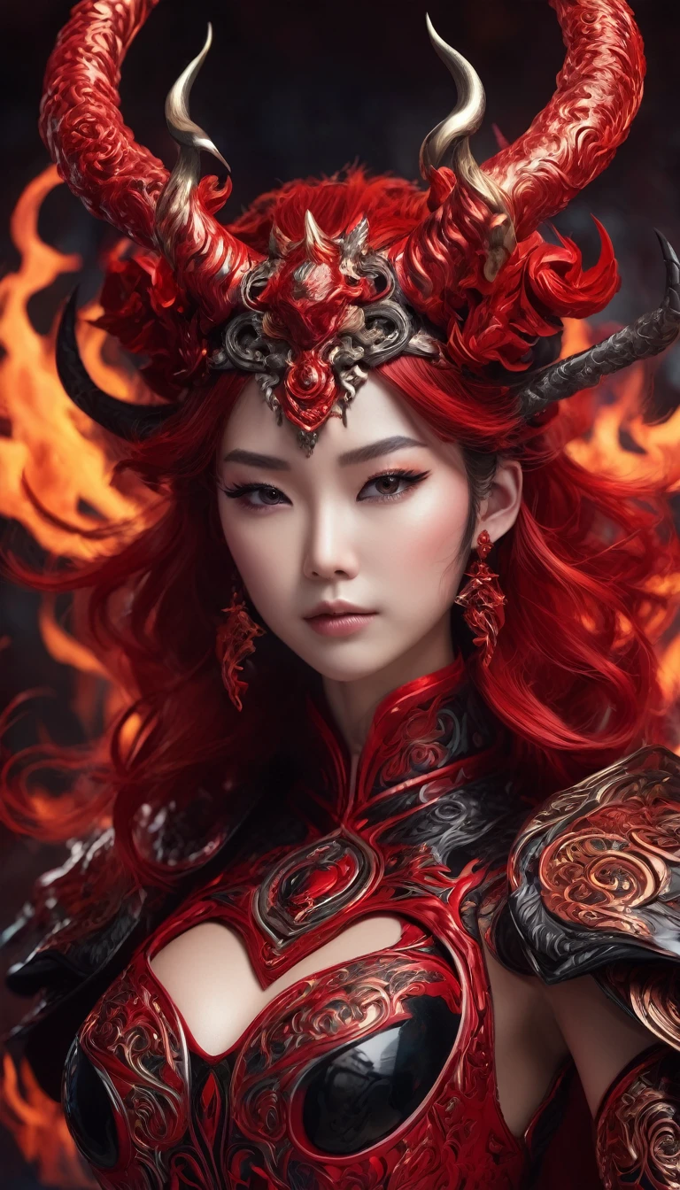 a close up of a woman with horns on her head, by Yang J, fantasy art, red demon armor, intricate ornate anime cgi style, woman made of black flames, anime character; full body art, vivid colours, surrealism art style, creepy