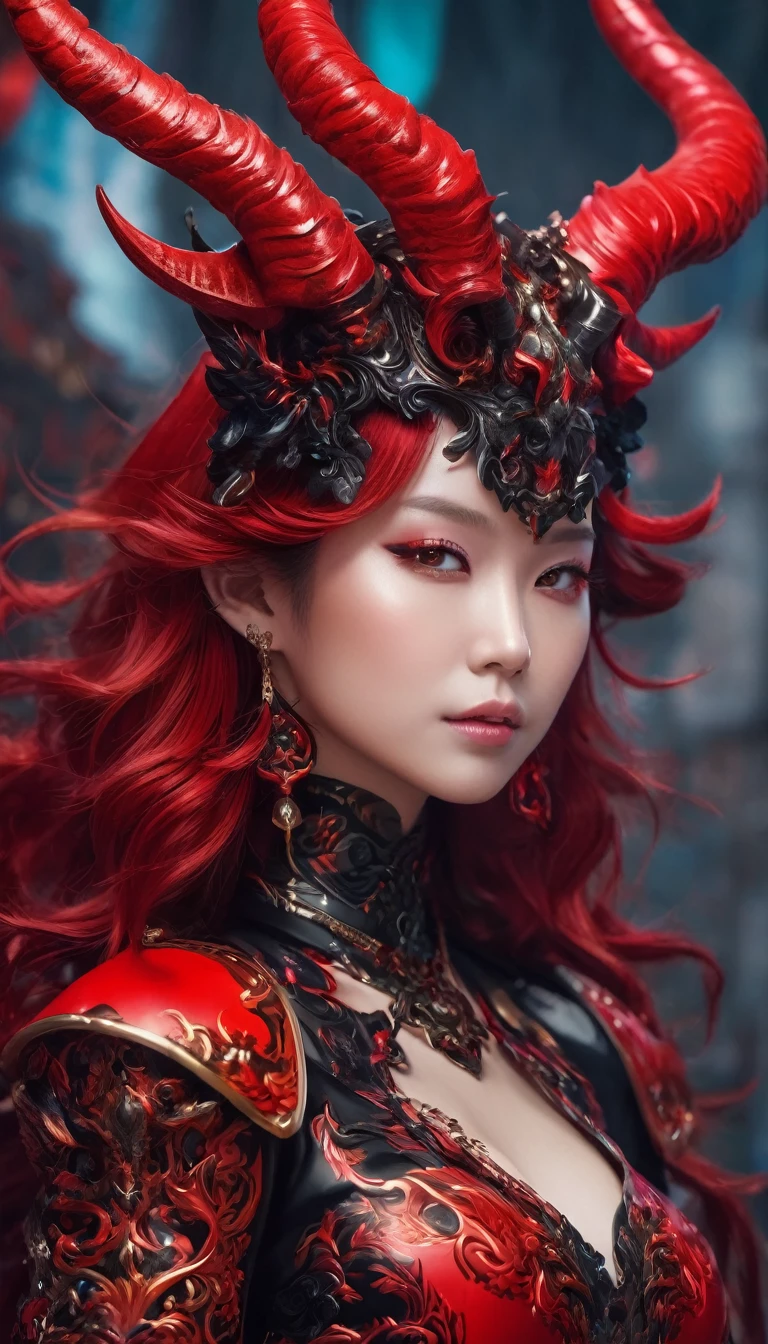 a close up of a woman with horns on her head, by Yang J, fantasy art, red demon armor, intricate ornate anime cgi style, woman made of black flames, anime character; full body art, vivid colours, surrealism art style, creepy