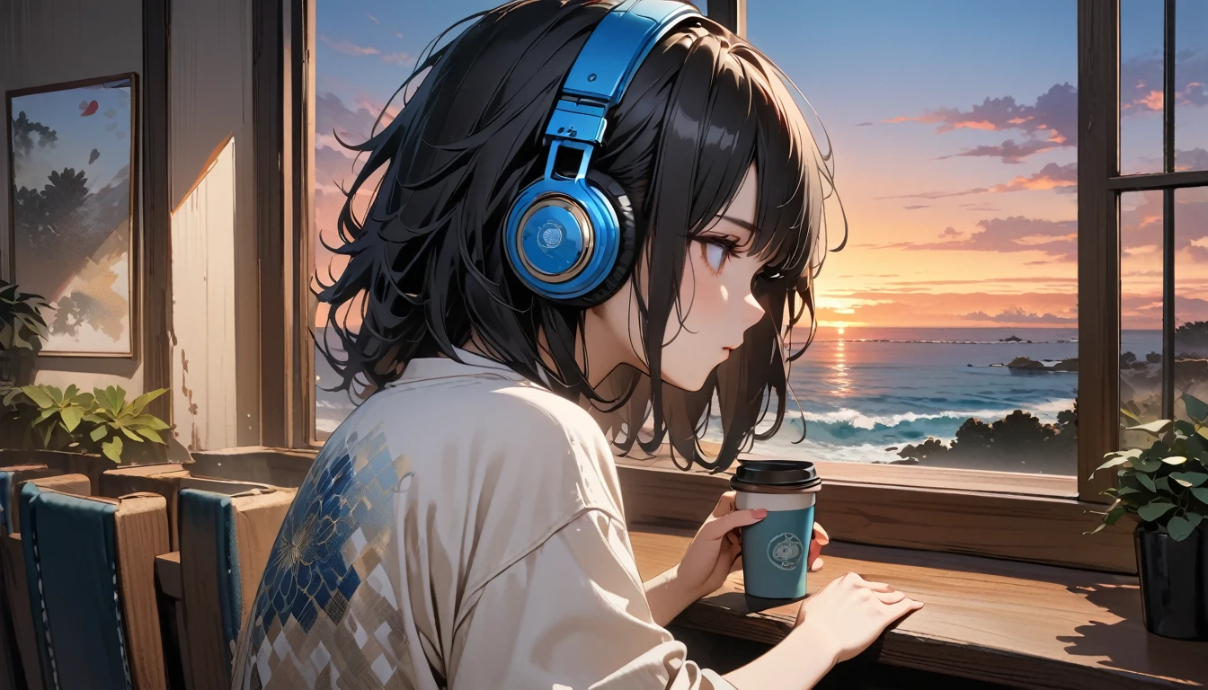 ((8k of extremely detailed CG unit, Masterpiece, high resolution, highest quality, highest quality real texture skin)), (((shoot from behind))), (wearing Japanese pattern headphones), ((1 girl)), ((Drinking coffee in a cozy cafe)), ((denim)), ((Sunset beach from the big window)), (Japanese pattern Tシャツ), (Black hair, messy hair, beige skin), (Surreal, digital painting)