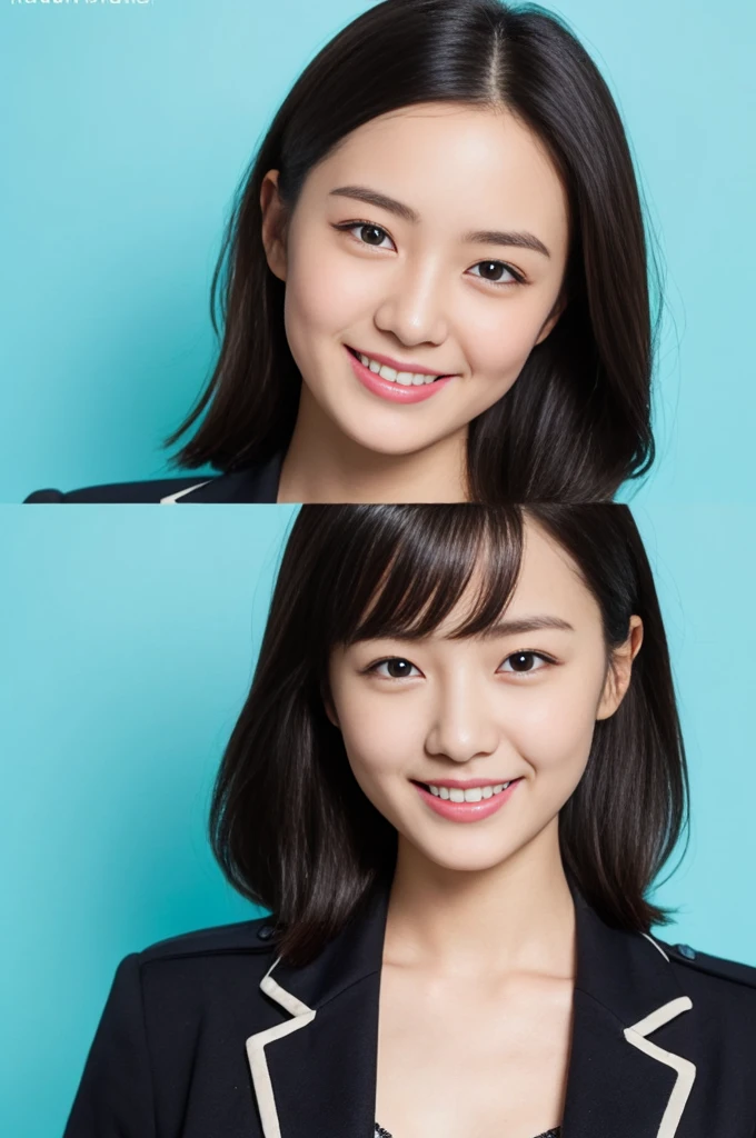 ((Photo for ID、Face only))、(Uniform jacket、Detailed bra、Black Hair、True Face)、Cute Japanese Woman、16 years old、Young girl、Light Blue Background、Turn your body forward、smile、blank space above head