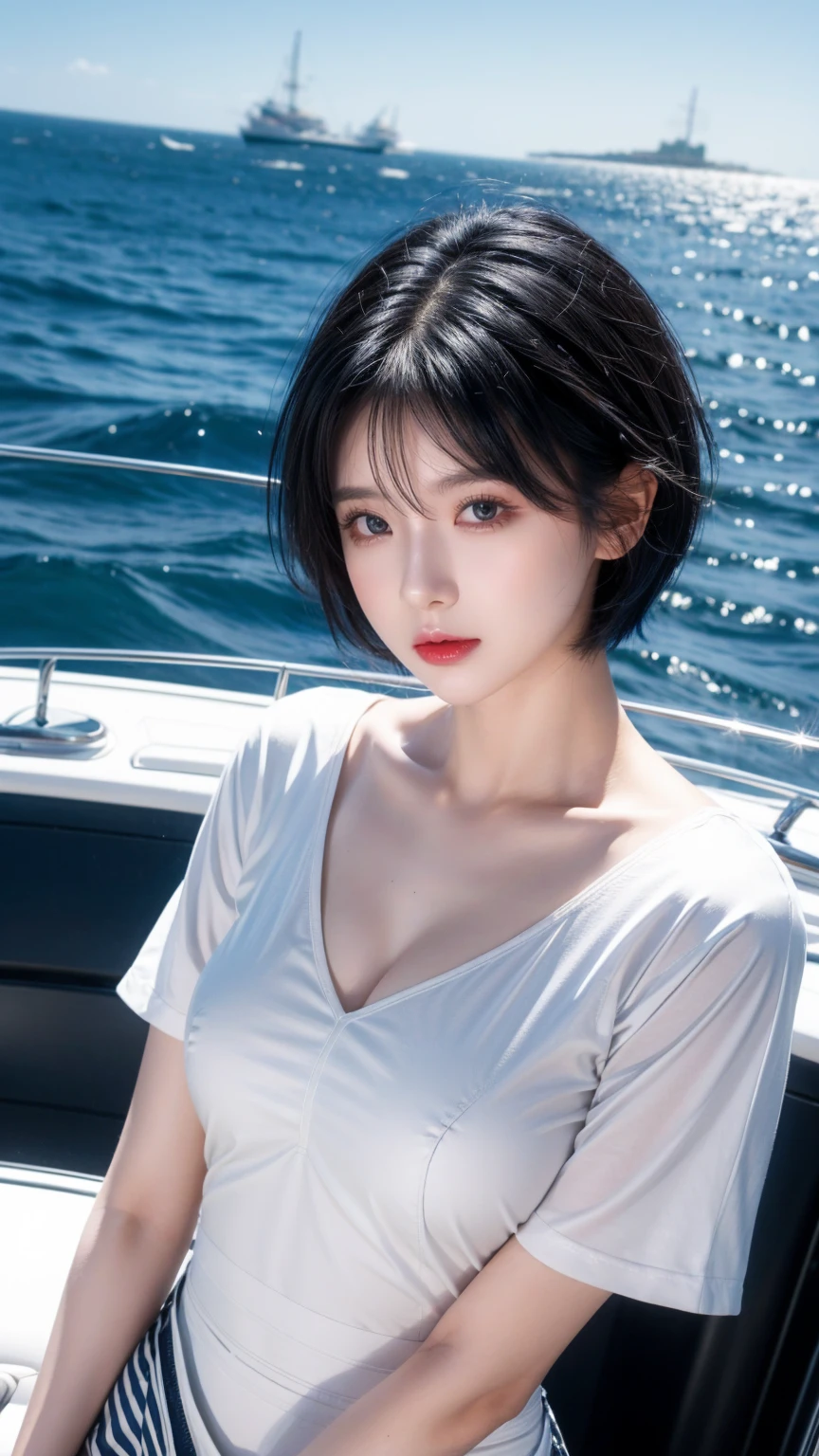 best quality, 1 Girl, dark blue hair, black eyes, Very short hair, Spiky hair, black dress luxury, 171 cm, Messy hair, Hair between the eyes, Medium breasts, full, Tomboy, aldult, 20 years old, 1 Girl with yatch black luxury at the sea
