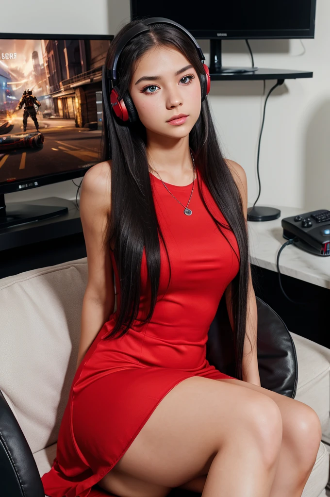 A girl wearing headphones playing video game in mobile, big red eyes, black long hair, wearing red dress and sitting on a gaming chair