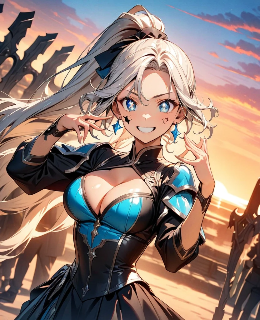 (highest quality:1.2, Very detailed, Latest, Vibrant, Ultra-high resolution, High Contrast, masterpiece:1.2, highest quality, Best aesthetics), (((1 girl))), Girl with a big sword, Chopper knife, Executioner, An illustration, Silver Hair, High Ponytail, Wavy Hair, blue eyes, jewelry, Earrings, (((Expression of fine eyes:1.2, Beautiful Skin, Detailed facial expressions))), Flowing hair, (Crazy Smile, Sparkling eyes), Delicately drawn equipment, Coldly Shining Weapon, Shiny Armor, ((Random Pause, Dutch Angle)), Beautiful sunset background, Bright colors, Dramatic lighting, Brave pose, Sharp focus, Gazing Eyes, Beautiful Skin, Shiny skin, Perfect Fingers, Five Fingers, Anatomically correct, Background Blur.Cleavage