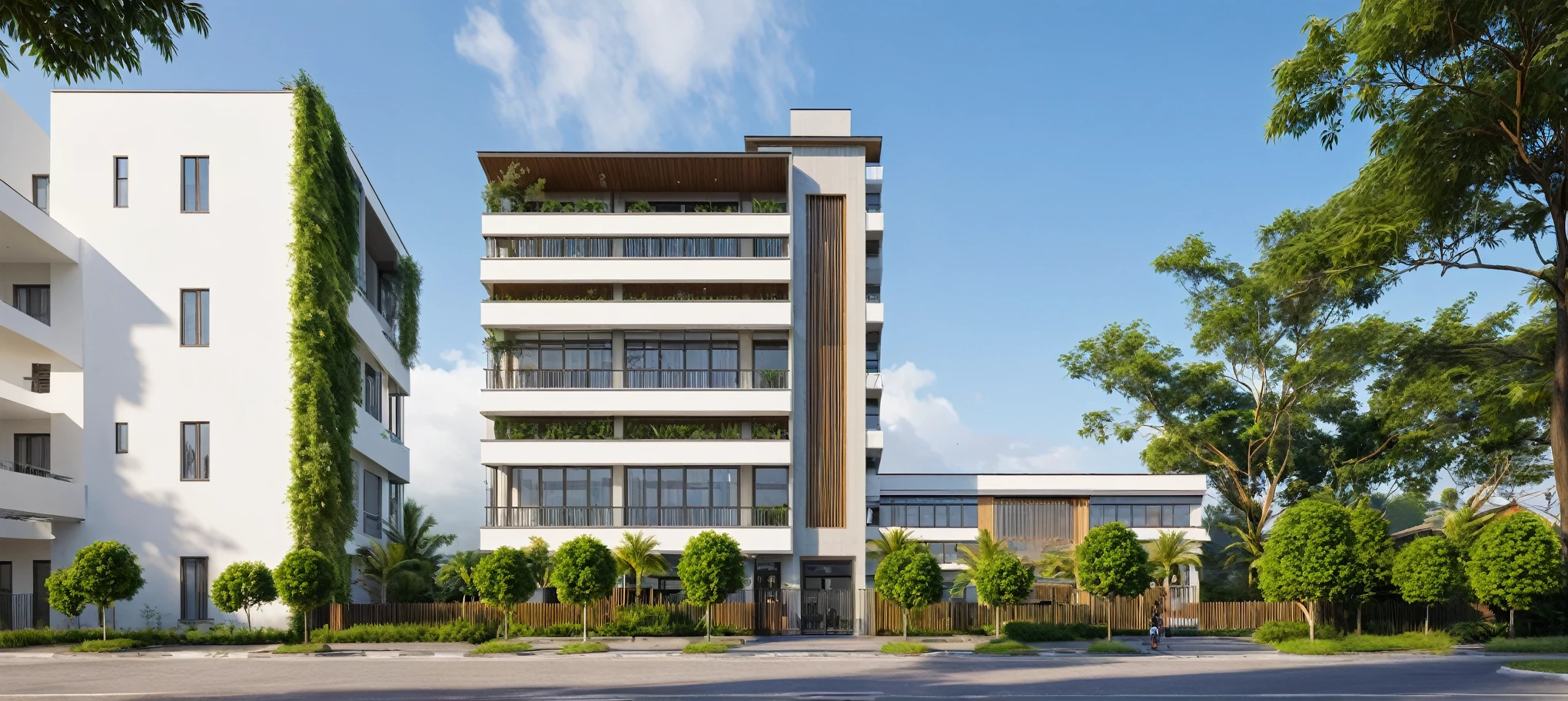 Raw photo,Masterpiece, high quality, best quality, authentic, super detail, soft lighting, high quality, exterior, outdoors, , Modern style hospital on the street vietnam
road, Corner perspective, realistic, highly detailed real estate, full interior, cozy lamp light, pavement, grass, trees, blue sky, cloud, (day:1.1), vivid colour, (realistic:1.2), unreal engine 5, vray tracing
