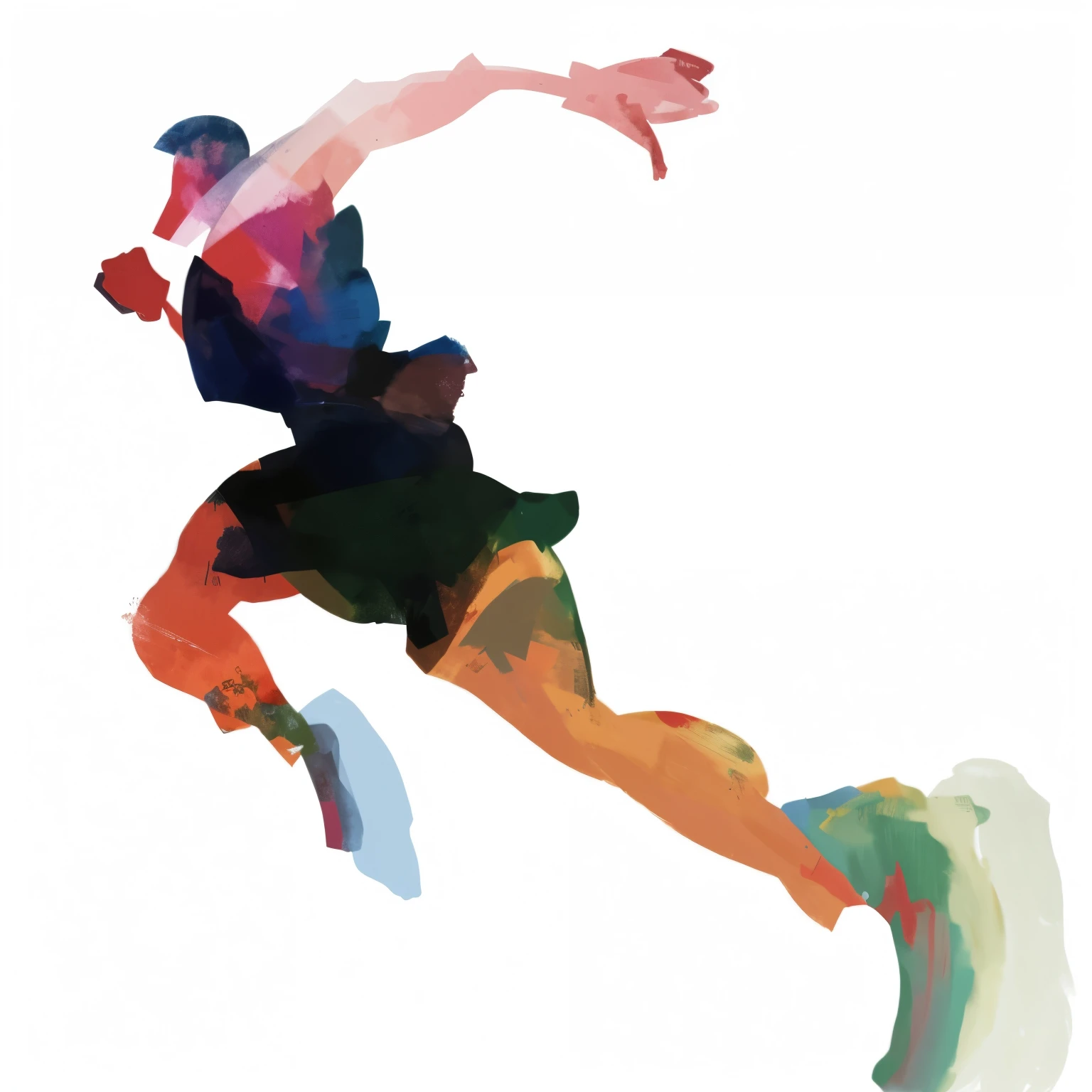 There was a man jumping in the air with a Frisbee., Inspired by Aaron Douglas, Jumping towards the audience, Painting illustration, Inspired by James Brooks, inspired by Jan Rustem, Painted in color on a white background, Christine Dalsgård's influences, Leap, Artistic Illustration, Inspired by Leroy Neiman, made with photoshop, Abstract Figurative Art